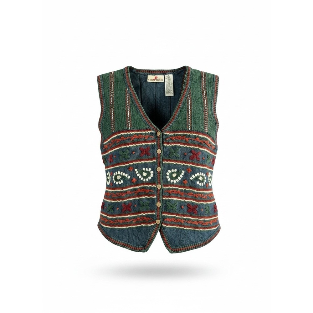 CRAZY HORSE Sweater Vest Womens Small Green Knit Button Front Folk